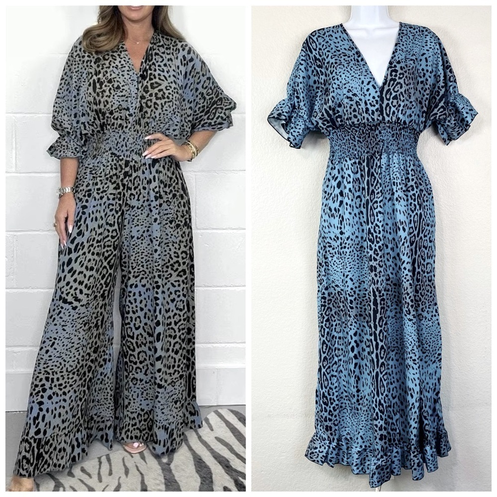 Blue Leopard Print Casual Loose Jumpsuit Size L